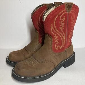 Women’s 9B Ariat 10014079 Brown Leather & Red Suede Fatbaby Ride Boots Cowgirl
